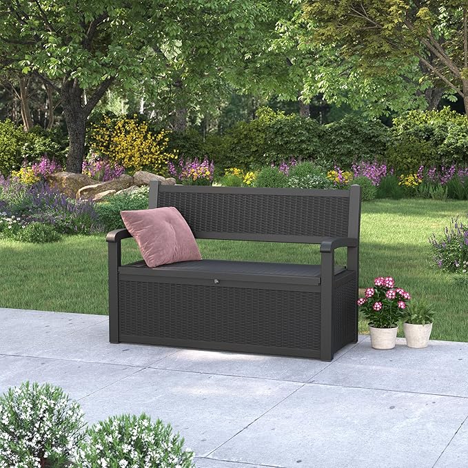 80 Gallon Outdoor Storage Box, Resin Patio Furniture with Armrest, Lockable Deck Box with Waterproof and UV Resistant for Patio Cushions, Garden Tools and Pool Supplies, Black