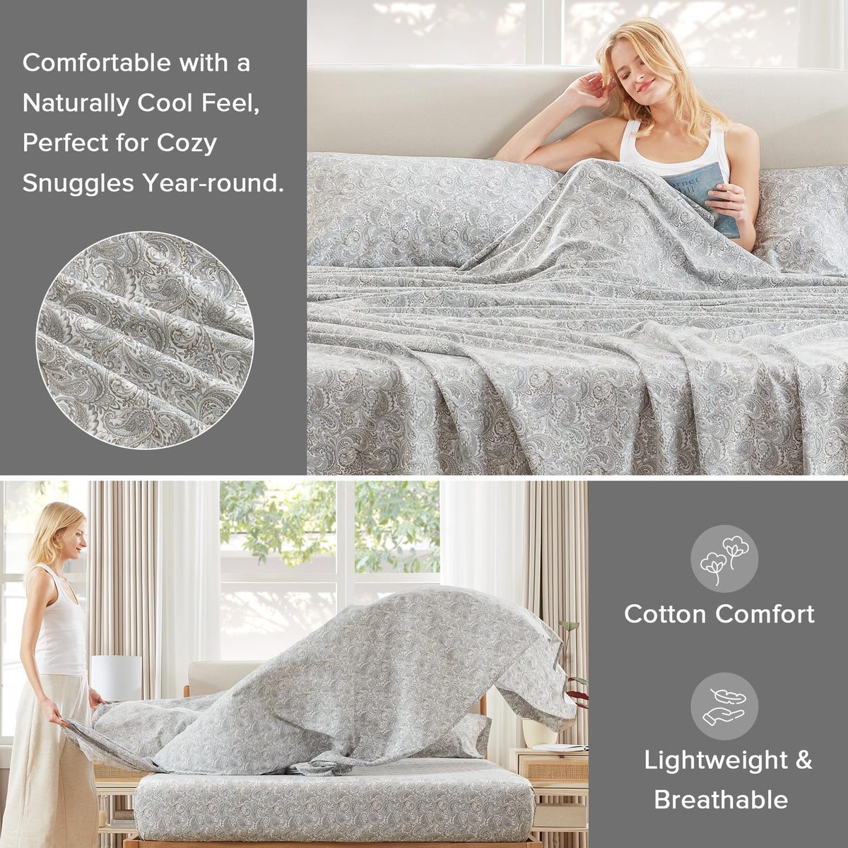 Comfort Spaces 100% Cotton Percale Sheets Queen Size 4 Piece, Paisley Multi