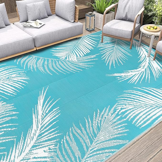 Pauwer Waterproof Outdoor Rug 6x9, Reversible Plastic Straw Patio Camping Rug, Indoor Outdoor RV Mat Carpet for Deck, Camper, Porch, Balcony, Backyard, Picnic, Leaf Teal