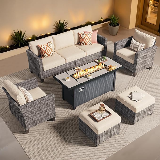 ovios 6 Pieces Patio Furniture Set with 54" Fire Pit Table, Outdoor Wicker Sofa with Comfy Cushions, All Weather High Back Rattan Couch Conversation Set, Beige