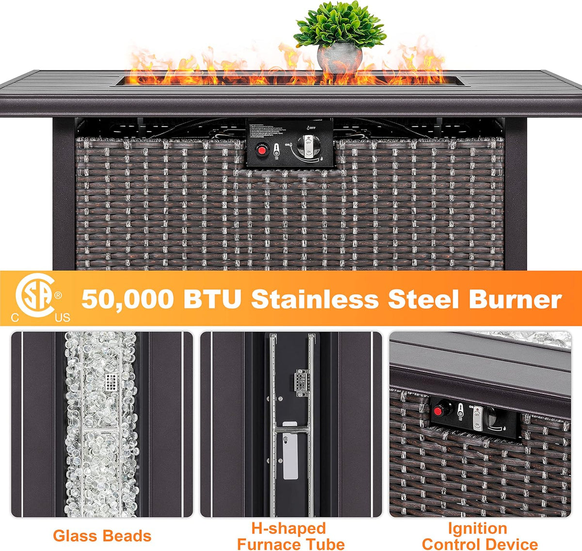 Nuu Garden Outdoor 43 Inch 50,000 BTU Propane Gas Fire Pit Table, Aluminum Tabletop and PE Rattan Weaved Steel Frame, Water-Proof Oxford Cover, Glass Beads, Lid, Dark Brown