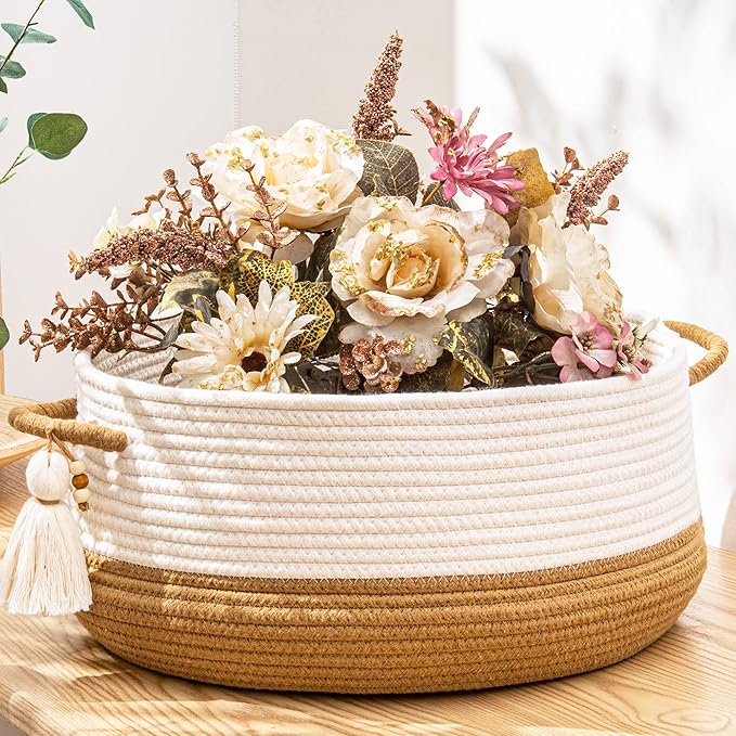 KAKAMAY Woven Baskets for Storage(16"x8"),Blanket Basket for Organizing Living Room,Cotton Rope Basket Woven Baby Laundry Hamper,Collapsible Laundry Room Organization,Clothes,Toy Chest(Brown)