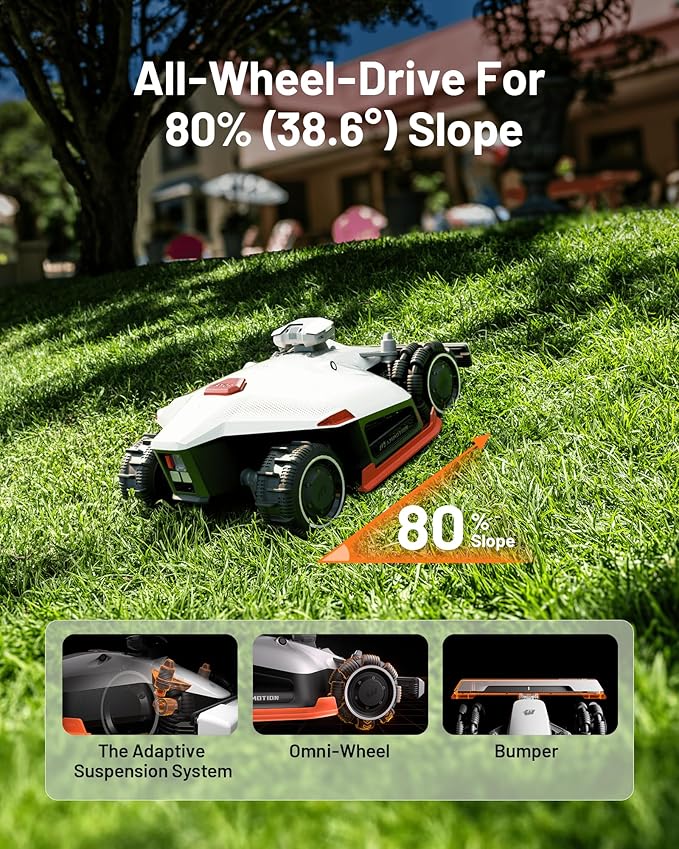 LUBA 2 AWD 5000HX Robot Lawn Mower with 4G, Reception 1.25 Acres, Max. 1.48 Acres, All-Wheel-Drive for 80% Slope, UltraSense AI Vision & RTK Automatic Edge Mapping, 2.2"-4.0" Cutting Height
