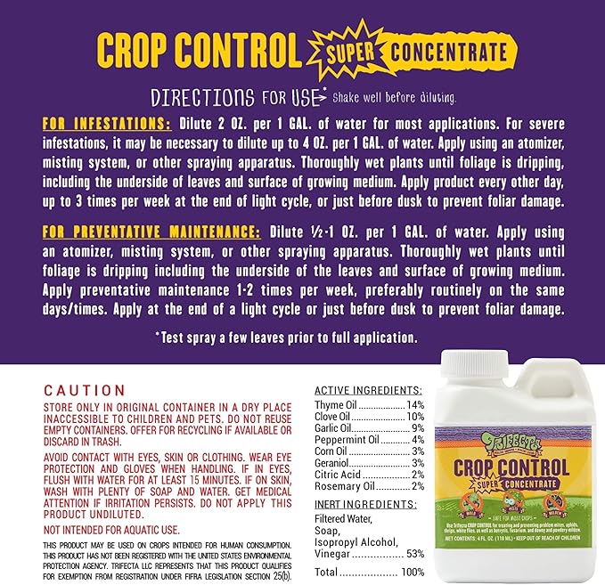Trifecta Crop Control Super Concentrate All-in-One Natural Pesticide, Fungicide, Miticide, Insecticide, Help Defeat Spider Mites, Powdery Mildew, Botrytis, Mold, and More on Plants 4 OZ