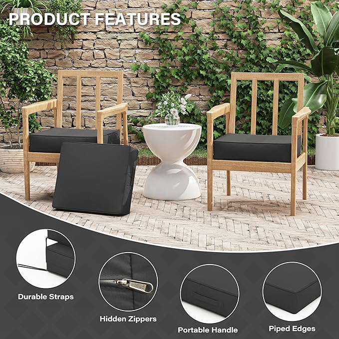 Patio Chair Cushions 18.5 X 16 X 4 Inch Waterproof Outdoor Seat Cushions for Patio Furniture, Outdoor Sofa Couch Pads with Ties & Handle, Set of 2, Grey