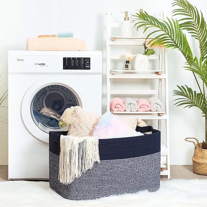 MINTWOOD Design 22in Extra Large Blanket Basket Holder for Living Room, Rectangle Rope Woven Storage Bin with Handles for Laundry, Pool Towels, and Shoes, Dog Toy Box Organizer, Navy Blue