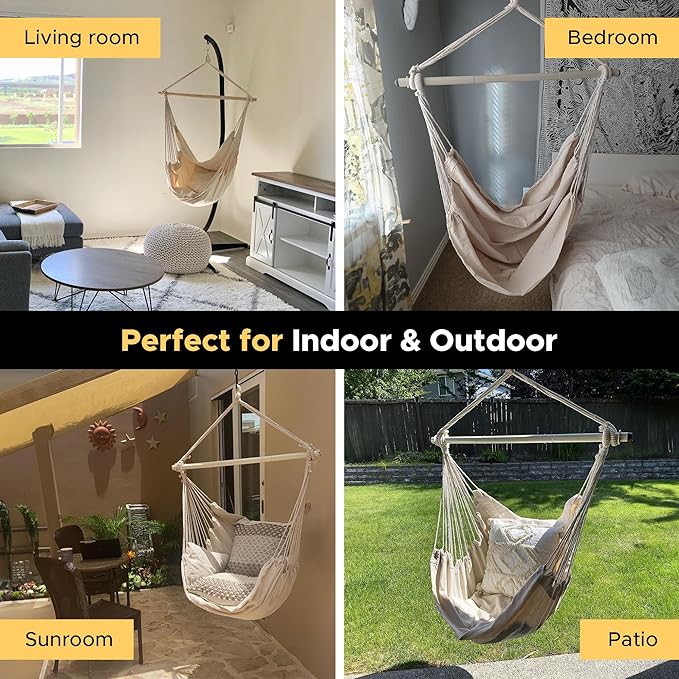 ADVOKAIR Hammock Chair Swing (500 lbs Max) - Hanging Hammock Chair Rope Swing Indoor for Bedroom, Outdoor, Patio, Bedroom, Porch, Deck - Sturdy Steel Bar with Anti-Slip Safety Rings