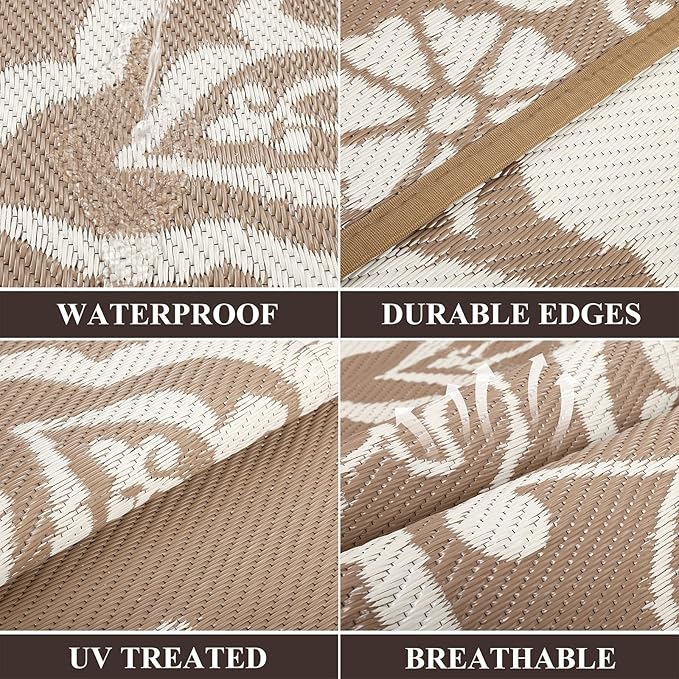 Pauwer Waterproof Outdoor Rug 5x8, Reversible Plastic Straw Patio Camping Rug, Indoor Outdoor RV Mat Carpet for Deck, Camper, Porch, Balcony, Backyard, Picnic, Boho Brown