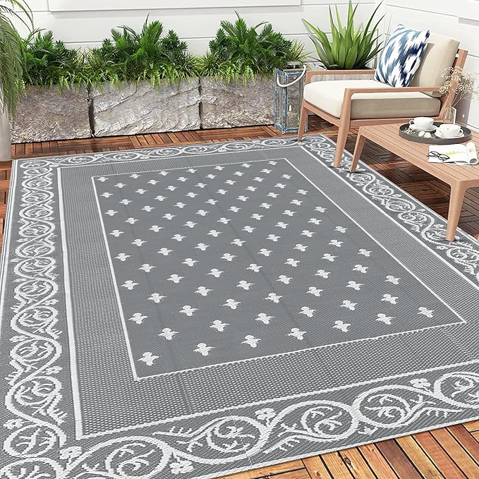Pauwer Waterproof Outdoor Rug 8x10, Reversible Plastic Straw Patio Camping Rug, Indoor Outdoor RV Mat Carpet for Deck, Camper, Porch, Balcony, Backyard, Picnic, Bordered Grey