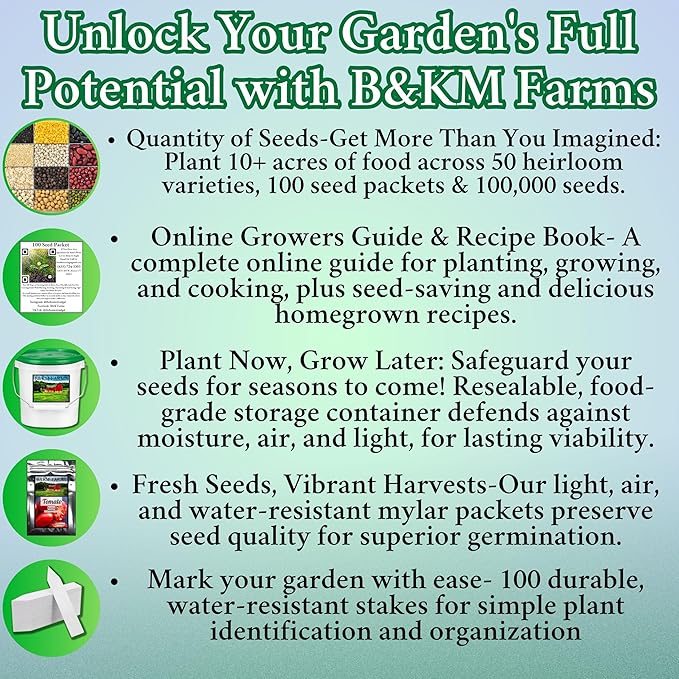 100 Seed Packets, 50 Varieties: Ultimate Seed Vault for Home Food Security & Abundant Gardens by B&KM Farms