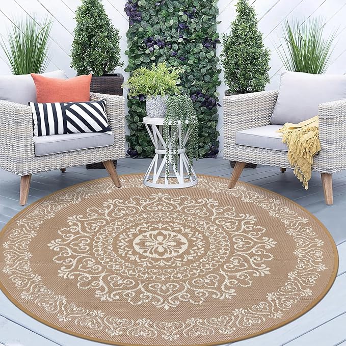 Pauwer Waterproof Outdoor Rug 6ft, Reversible Plastic Straw Patio Camping Rug, Indoor Outdoor RV Mat Carpet for Deck, Camper, Porch, Balcony, Backyard, Picnic, Floral Brown