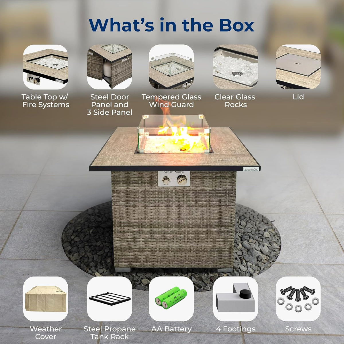 SereneLife Outdoor Propane Fire Pit Table - CSA/ETL Certified Safe 50,000 BTU Pulse Ignition Weatherproof Square Wicker Propane Gas Fire Table w/Tile Tabletop Adjustable Flame - Glass Rocks