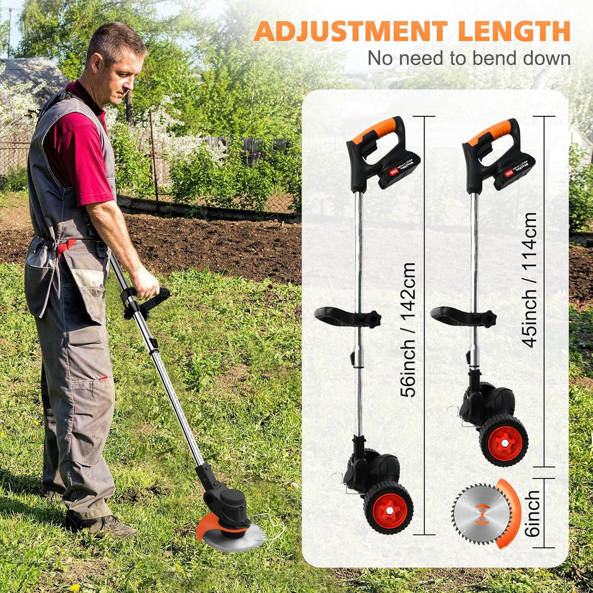 ALSO GO 24V Electric Weed Wacker, Cordless Grass Trimmer with 2 Batteries & Charger, 3 in 1 Stringless Brush Cutter/Weed Eater/Edger/Lawn Mower with 3 Types Blade & Wheels for Garden and Yard Lawn