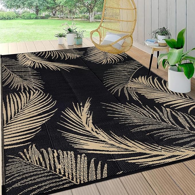 Pauwer Waterproof Outdoor Rug 6x9, Reversible Plastic Straw Patio Camping Rug, Indoor Outdoor RV Mat Carpet for Deck, Camper, Porch, Balcony, Backyard, Picnic, Leaf Black Brown