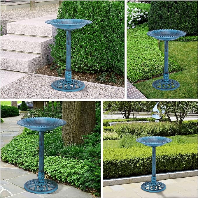 VIVOHOME 28 Inch Height Polyresin Lightweight Antique Outdoor Garden Bird Bath Blue