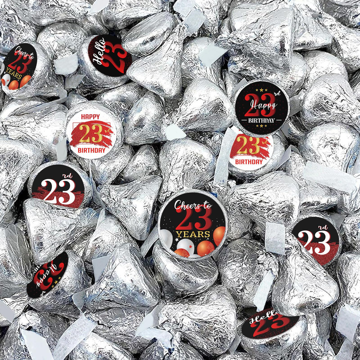 Happy 23rd Birthday Party Favor Labels Chocolate Kisses Candy Stickers - Twenty Three Years Old Birthday Round Candy Sticker Party Favors - Black