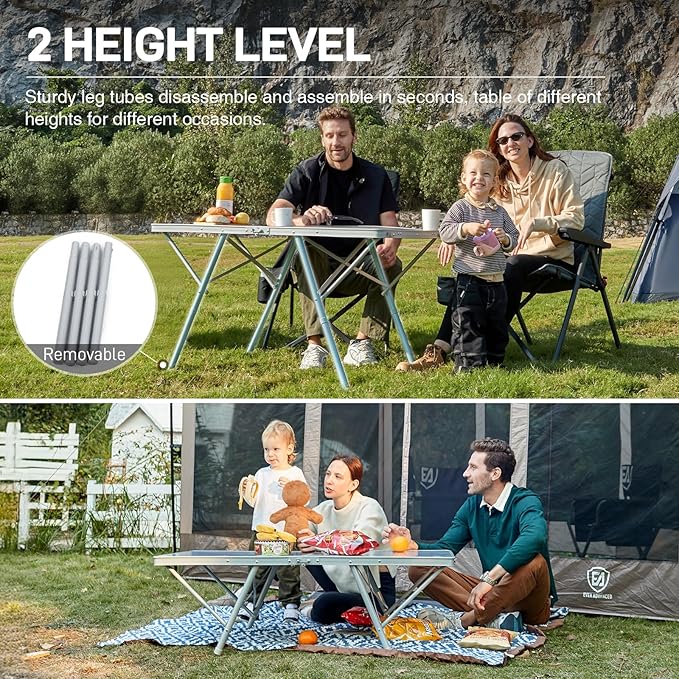 EVER ADVANCED Large Camping Table for 4-6 Person, Portable Folding Aluminum Table with Carrying Handle, Suitable for BBQ, Picnic, Camping and Indoor Use, Support up to 130LBS, Silver