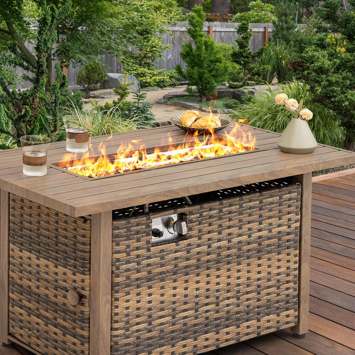 Nuu Garden 43" Propane Fire Pit Table, 50,000 BTU CSA-Listed Rattan Outdoor Gas Fire Pit with Lid & Glass Beads, Smokeless Rectangular Patio Heater Table for Backyard, Deck, Garden, Brown