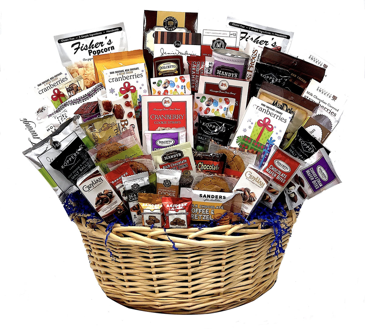 Hand-Crafted 54 Piece customizable chocolate gift basket of gourmet chocolates, cookies, and crunches. Tasty treats selected for businesses, clients