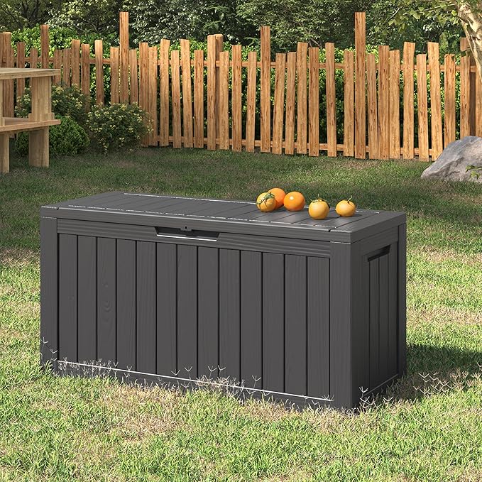 NUNU LAB 75 Gallon Outdoor Storage Box,Large Resin Sturdy Deck Box, Backyard Outside Storage Box Waterproof with Double Wall Panels,Package Delivery Garden Hose Storage Bin Outdoor Tool