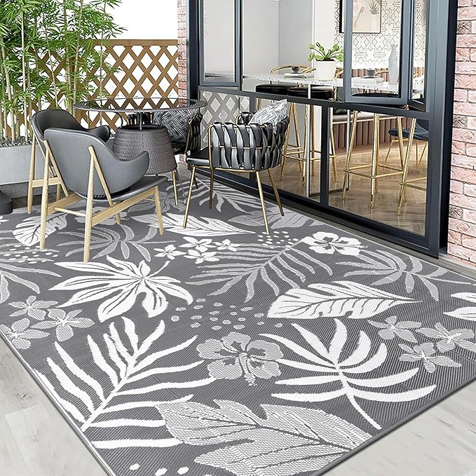 Pauwer Waterproof Outdoor Rug 8x10, Reversible Plastic Straw Patio Camping Rug, Indoor Outdoor RV Mat Carpet for Deck, Camper, Porch, Balcony, Backyard, Picnic, Floral Grey