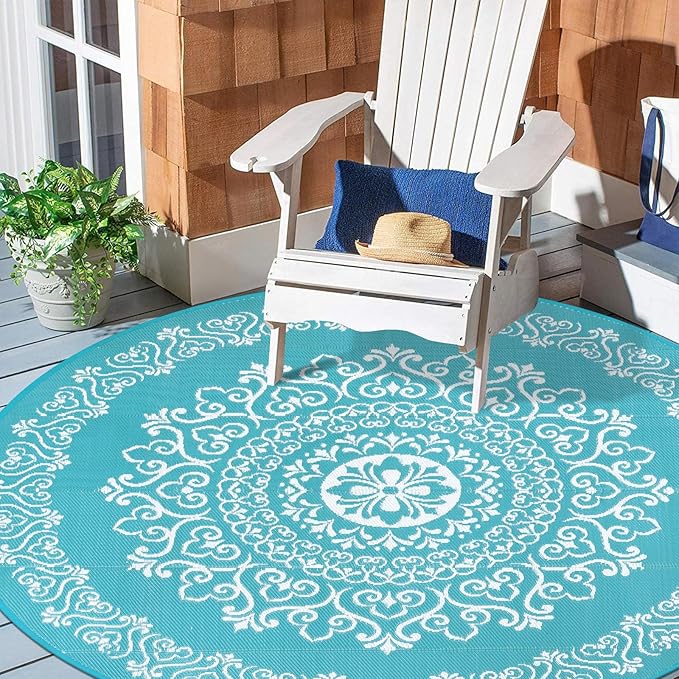 Pauwer Waterproof Outdoor Rug 8ft, Reversible Plastic Straw Patio Camping Rug, Indoor Outdoor RV Mat Carpet for Deck, Camper, Porch, Balcony, Backyard, Picnic, Floral Teal