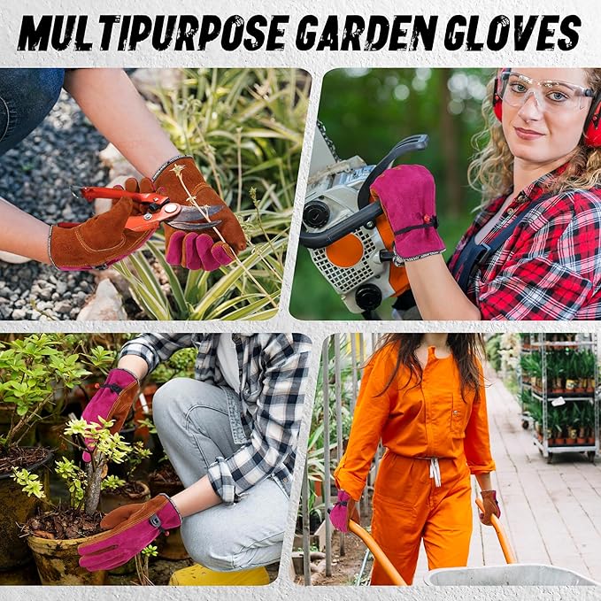 HLDD HANDLANDY Leather Work Gloves for Men & Women, Adjustable Wrist Cowhide Gardening Glove with Reinforced Palm for Driver