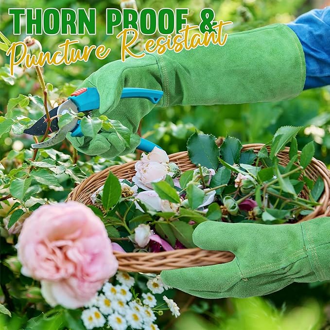 HANDLANDY Leather Gardening Gloves, Thorn Proof Long Gauntlet Heavy Duty Garden Gloves, Elbow Length Rose Pruning Weeding Yard Glove (Large, Green)