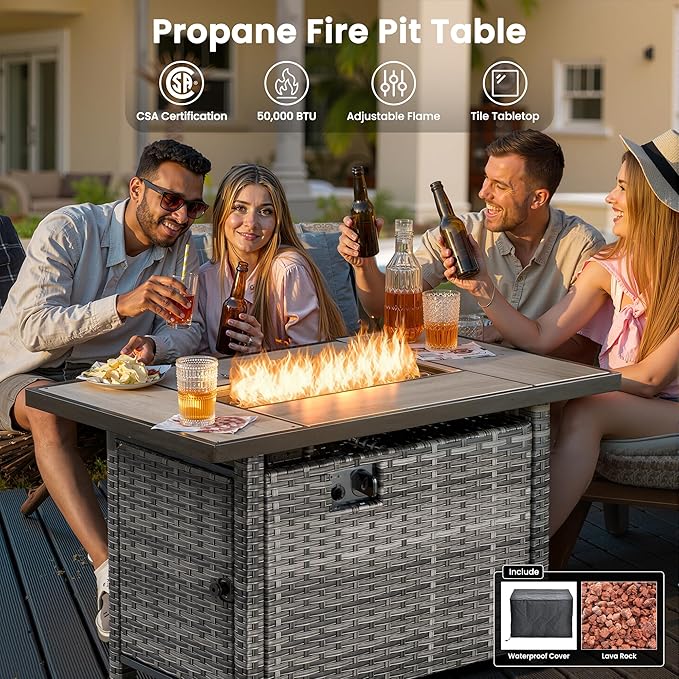ovios 6 Pieces Patio Furniture Set with 42" Fire Pit Table, Outdoor Wicker Sofa with Ottomans, Comfy Cushions, High Back Couch Conversation Set, Grey Rattan, Grey