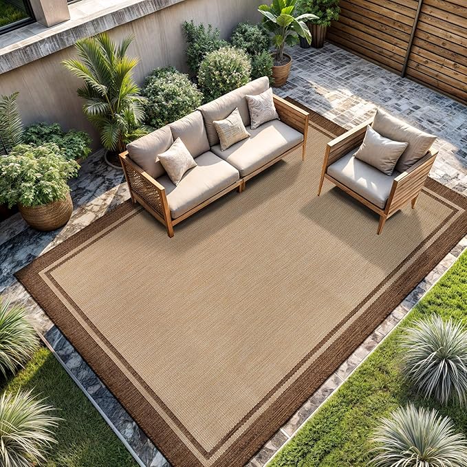CAMILSON Indoor Outdoor Rug, 10x14 Bordered Natural Brown Modern Large Area Rugs for Indoor and Outdoor Patios, Kitchen and Hallway Mats, Washable Porch Deck Outside Carpet (Jute, 10 x 14)