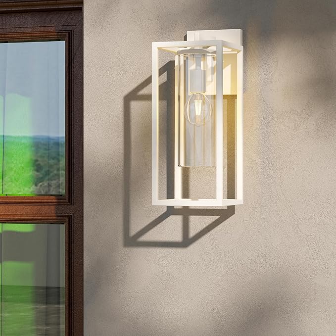 15.7 Inch Outdoor Wall Lights, Outdoor Wall Lantern with Circular Clear Glass Shade, Waterproof Exterior Lighting Fixtures, Modern Front Porch Lighting for House, Garage, E26 Base, ETL Listed, White
