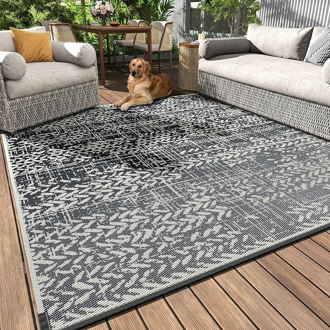 MontVoo Outdoor Rug Waterproof-Patio Rug Mat 6x9 Outdoor Carpet Reversible RV Camping Picnic Plastic Straw Rug Outside Outdoor Area Rug for Balcony Deck Backyard Patio Decor Boho Modern Abstract
