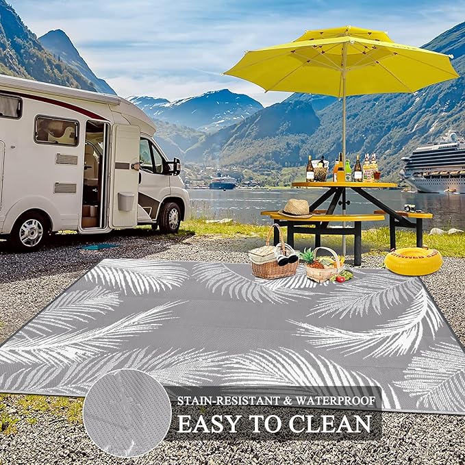 Pauwer Outdoor Rug, 6'x9', Leaf Grey, Reversible, Waterproof, Polypropylene, Lightweight, RV Mat, Patio Decor