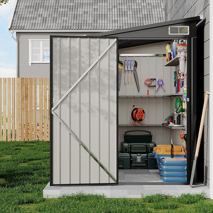 4x8 FT Metal Outdoor Lean to Storage Shed, Lean to Garden Shed Utility Tool Shed, Heavy-Duty Outdoor Metal Wall Side Storage Sheds