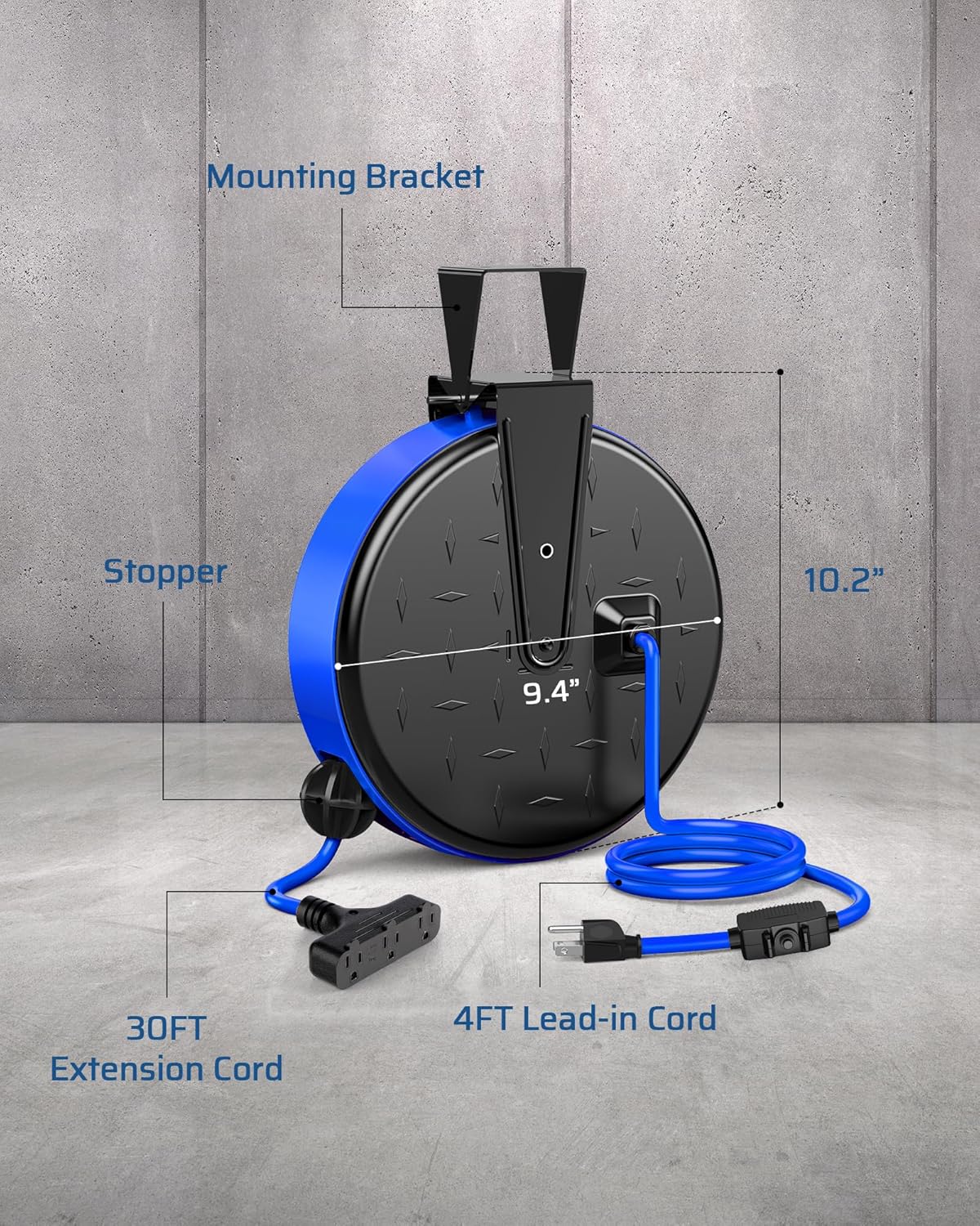 DEWENWILS 30FT Extension Cord Reel, 16/3 Gauge SJTW Power Cord, Retractable Cord Reel with 3 Outlets, Ceiling/Wall Mount for Garage, Workshop, 10A Circuit Breaker, Metal Plate, UL Listed, Blue