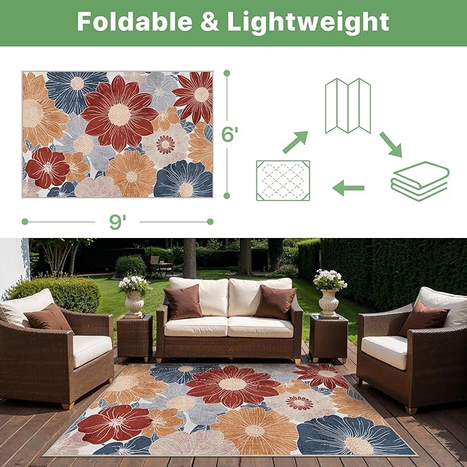 GENIMO Indoor Outdoor Area Rug 6' X 9' Waterproof, Washable Patio Rug Non Shedding, Easy Cleaning Floral Outdoor Carpet for Living Room, Bedroom, Dining Room, Balcony, Backyard, Deck, RV, Red Blue