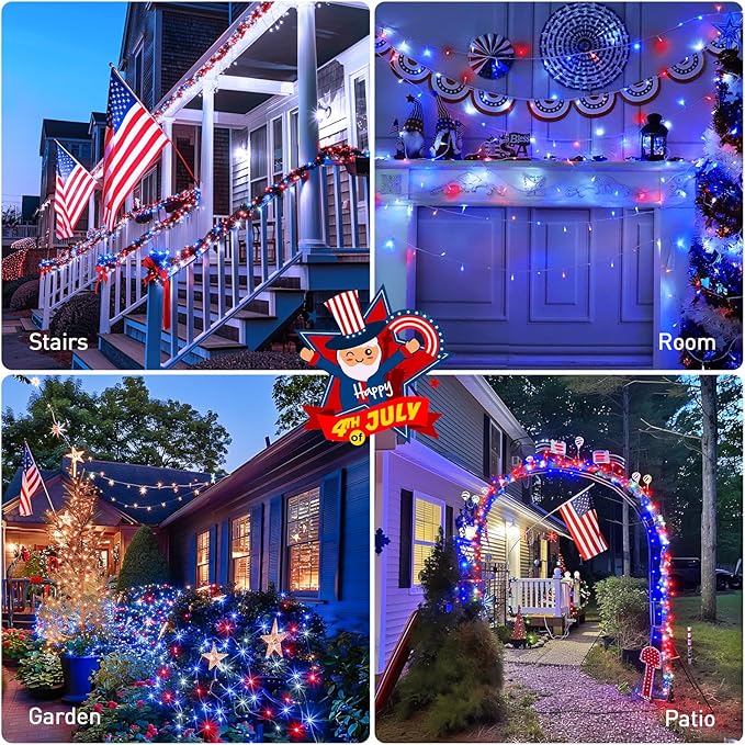 JMEXSUSS Red White & Blue Lights Clear Wire, 66 Ft 200 LED 4th of July Decorations String Lights Plug in, Christmas Lights for Independence Day Celebration Party Memorial Day Patriotic Holidays Decor