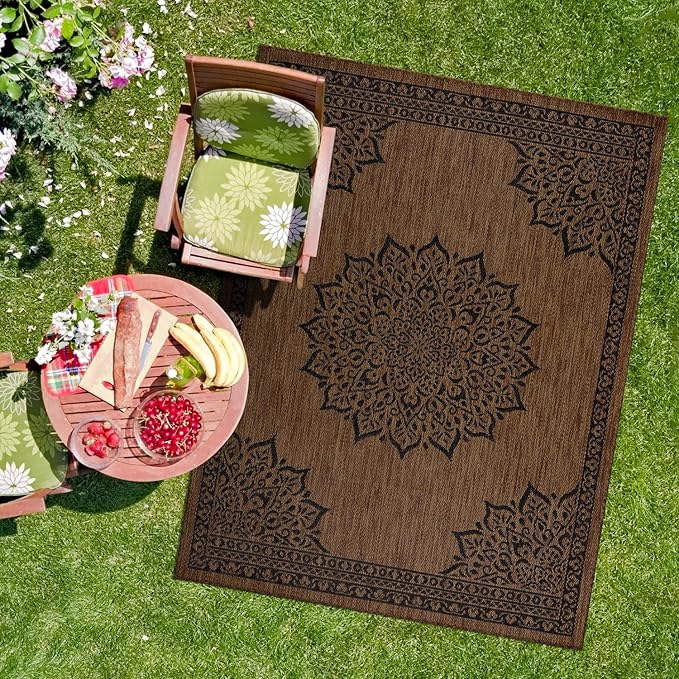 CAMILSON Outdoor Rug, Modern Area Rugs for Indoor and Outdoor Patios, Kitchen and Hallway mats, Washable Porch Deck Outside Carpet (6 x 9, Medallion Nut Brown)