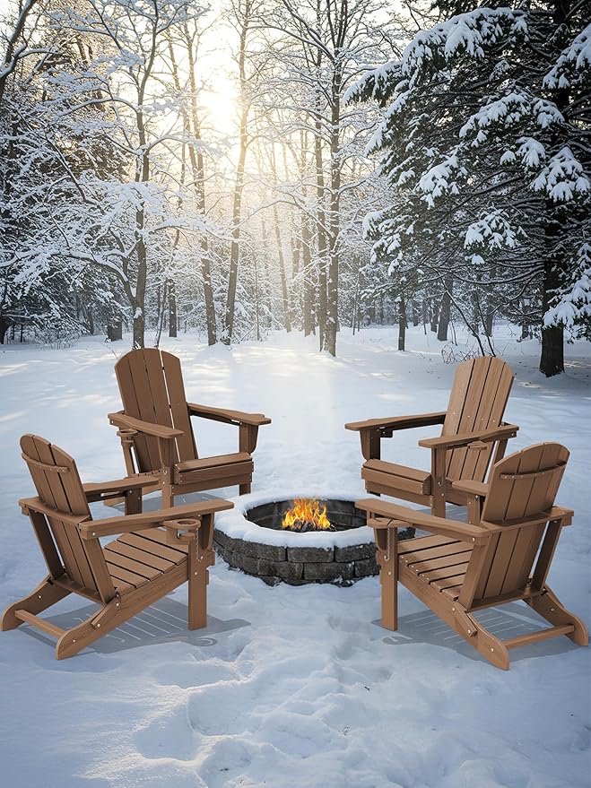 KINGYES Folding Adirondack Chair Set of 2, Dual Cup Holders & All-Weather HDPE, Wood-Like Patio Chair for Backyard, Camping, Pool & Fire Pit, Brown