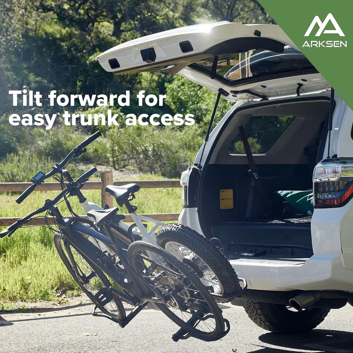Arksen 2" Hitch Mounted Foldable Rack Quick Release Handle Smart Tilting 2-Bike Platform Style Carrier for Standard, Fat Tire, and Electric Bicycles -160 lbs Heavy Weight Capacity