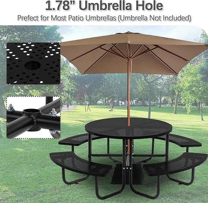 46'' Steel Round Picnic Table for Outdoors, Expanded, Lifetime Picnic Table with Umbrella Hole, Heavy Duty Sturdy Commercial Picnic Tables for Garden Courtyard BBQ, Black