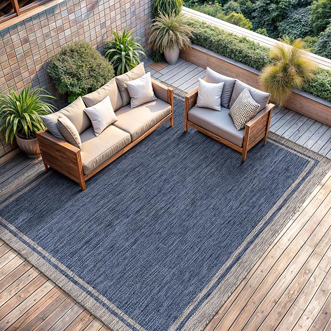 CAMILSON Outdoor Rug, 9x12 Bordered Navy Blue Gray Modern Large Area Rugs for Indoor and Outdoor Patios, Porches Waterproof Washable Porch Deck Outside Carpet (Bordered Navy, 9 x 12)