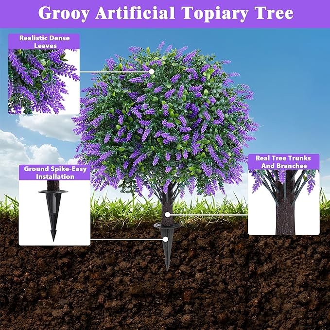 Artificial Boxwood Topiary Ball with Lavender, Set of 2 Artificial Shrub Bushes with Ground Spike, Fake Evergreen Tree for Porch, Artificial Plants for Outdoor Planters Indoor UV Resistant
