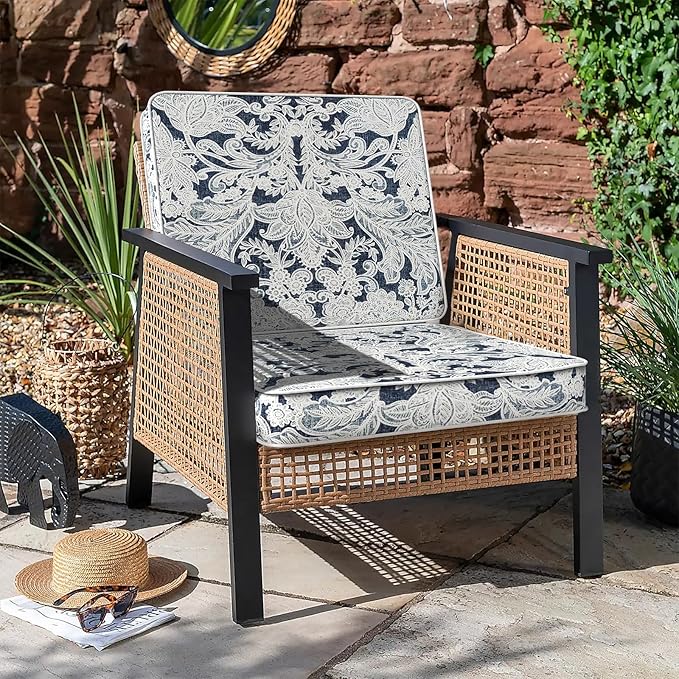 LVTXIII Patio Chair Cushions 22"x22"x3", Water-Repellent Outdoor Seat Cushions for Patio Furniture, Square Chair Pads with Ties for Home Garden Decoration, Set of 2, Damask Lapis