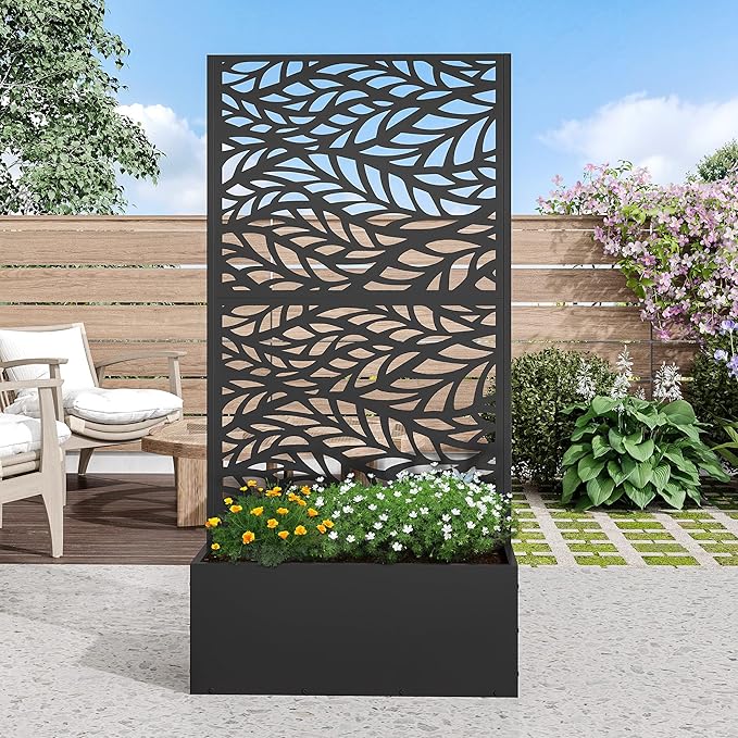 Casaphoria Metal Raised Garden Bed with Trellis, 59"x30"x12" Planter Box for Climbing Plants, Vegetables & Vines, Features Drainage Holes and Privacy Screen (Black-Spring)