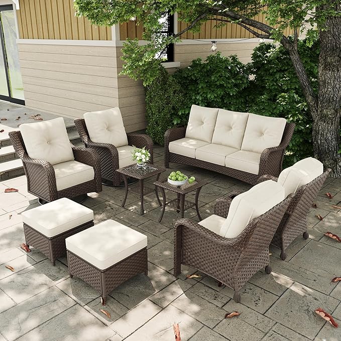 9 Pieces Outdoor Patio Furniture Sets with Rocking Swivel Chairs with 6-inch Thick Cushion and Side Table for Deck Lawn