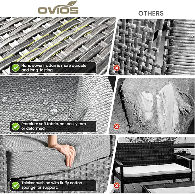 ovios 8 Pieces Patio Furniture Set with 30" Fire Pit Table, Outdoor Wicker Sofa with Comfy Cushions, All Weather High Back Rattan Couch Conversation Set, Dark Grey