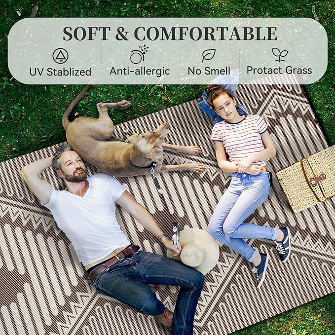 MontVoo Outdoor Rug-Waterproof Camping Rug Patio Rug Mat 6x9 Reversible Plastic Straw Outside Outdoor Rug for RV Camping Picnic Balcony Backyard Pool Deck Porch Modern Boho Beige Brown