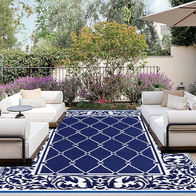OutdoorLines Indoor Outdoor Rug for Patio 6x9 ft - Reversible Outside Carpet, Stain & UV Resistant Portable RV Mat, Plastic Straw Rug for Camping, Pool Deck, Porch Rhombus Navy & White