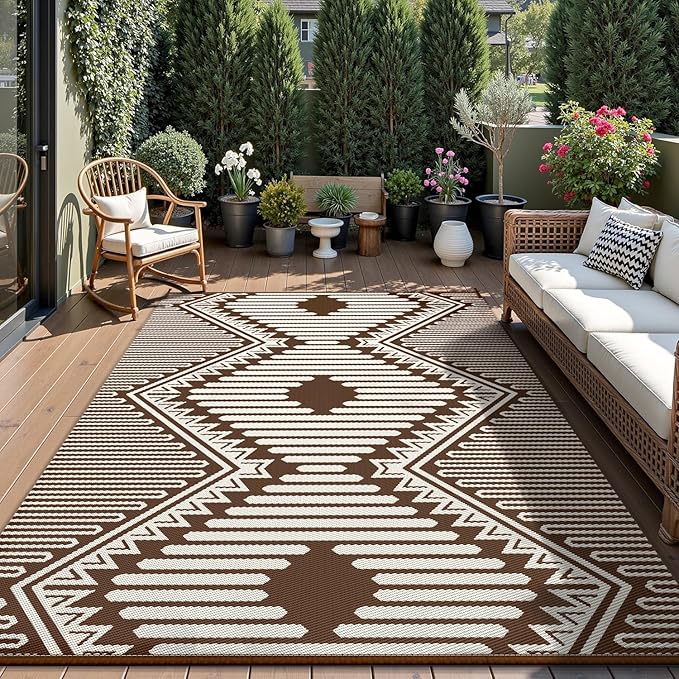 MontVoo Outdoor Rug 8x10 Waterproof Patio Rug-Outdoor Carpet Mat Reversible Plastic Straw Outside Outdoor Rug for RV Camping Picnic Balcony Backyard Pool Deck Porch Modern Boho Beige Brown